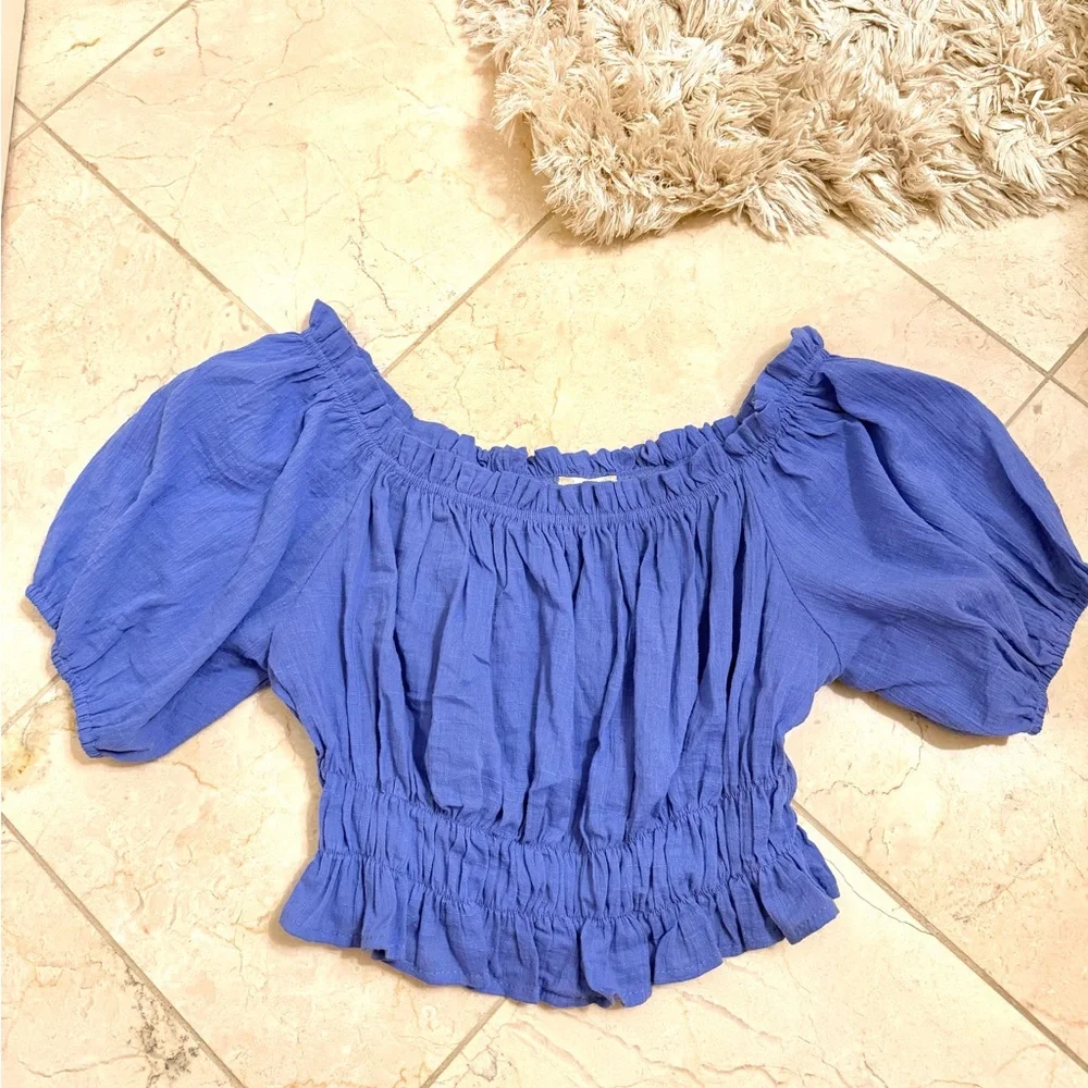Altar'd State Royal Blue Off-Shoulder Smocked Crop Top